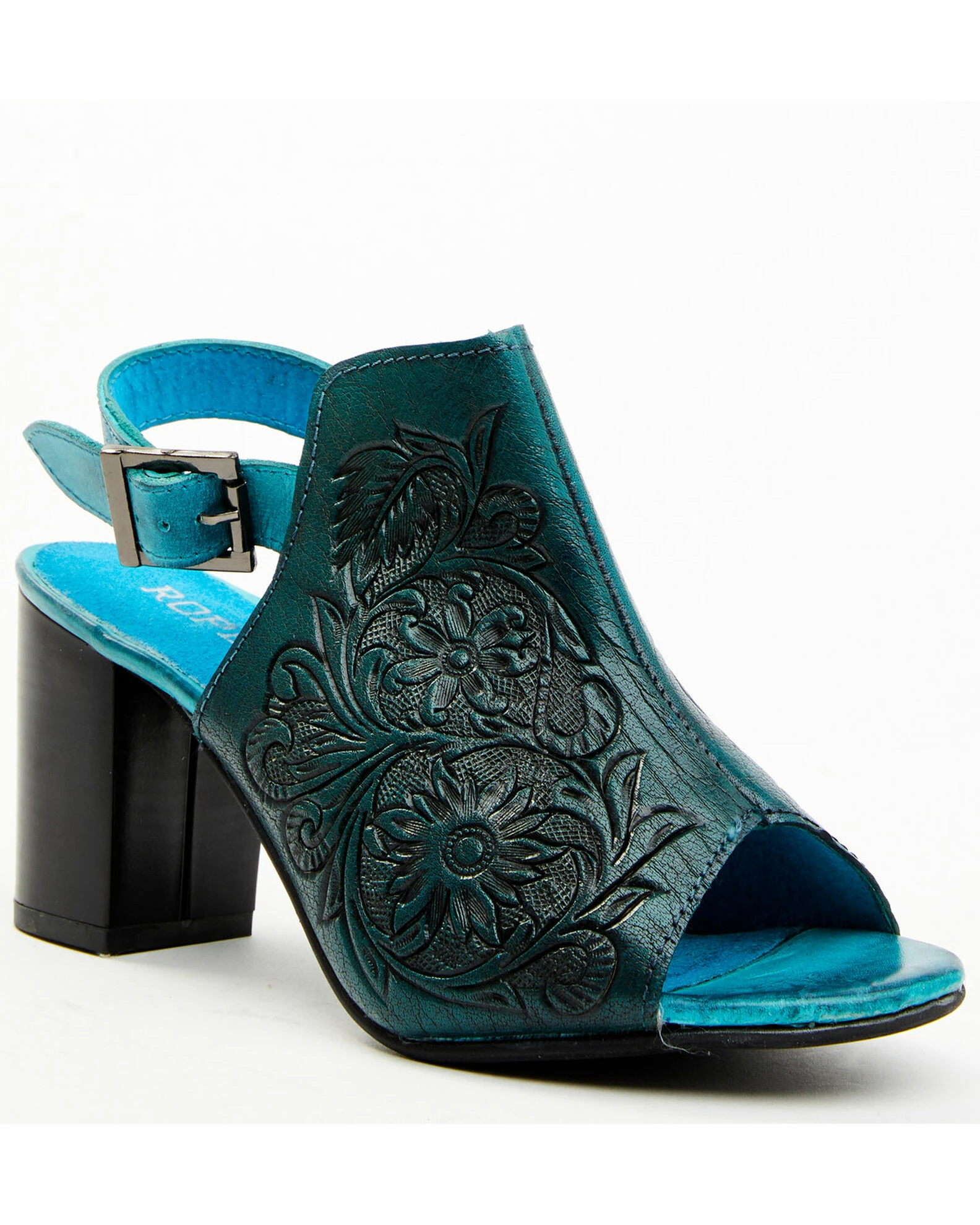 Roper Women's Burnished Turquoise Tooled Sandals - Round Toe Blue 2 Roper Women's Burnished Turquoise Tooled Sandals - Round Toe Blue