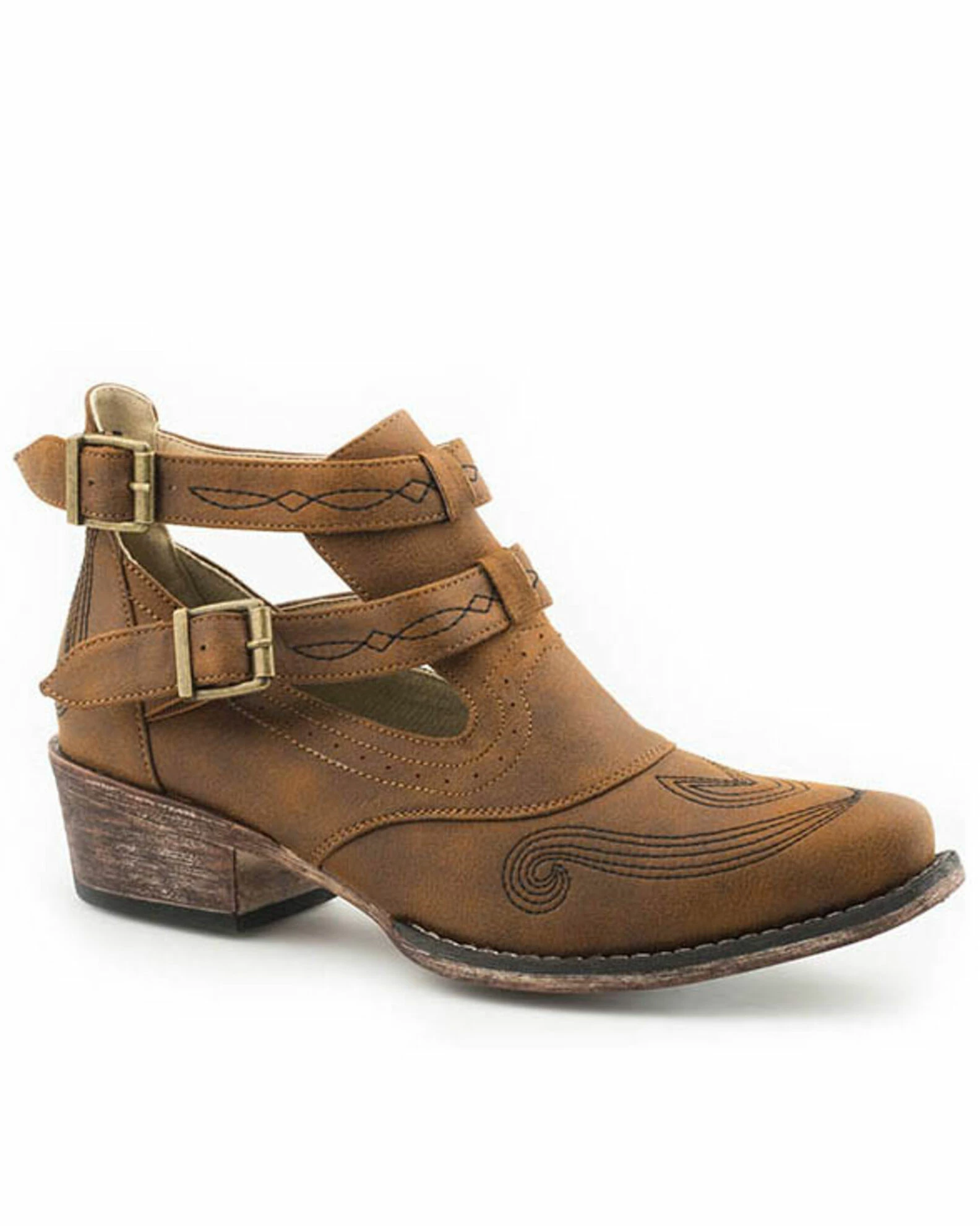 Roper Women's Vintage Cognac Harness Strap Fashion Booties - Round Toe Tan 3 Roper Women's Vintage Cognac Harness Strap Fashion Booties - Round Toe Tan