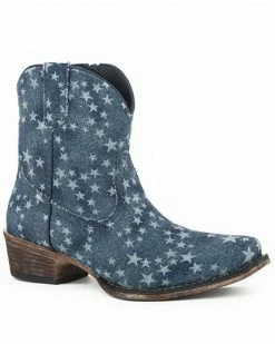 Roper Women's All Over Stone Wash Denim Western Booties - Snip Toe Blue