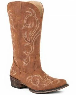 Roper Women's All Over Embroidery Western Boots - Round Toe Tan
