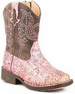Roper Girls' Toddler Glitter Southwest Western Boots - Square Toe Pink