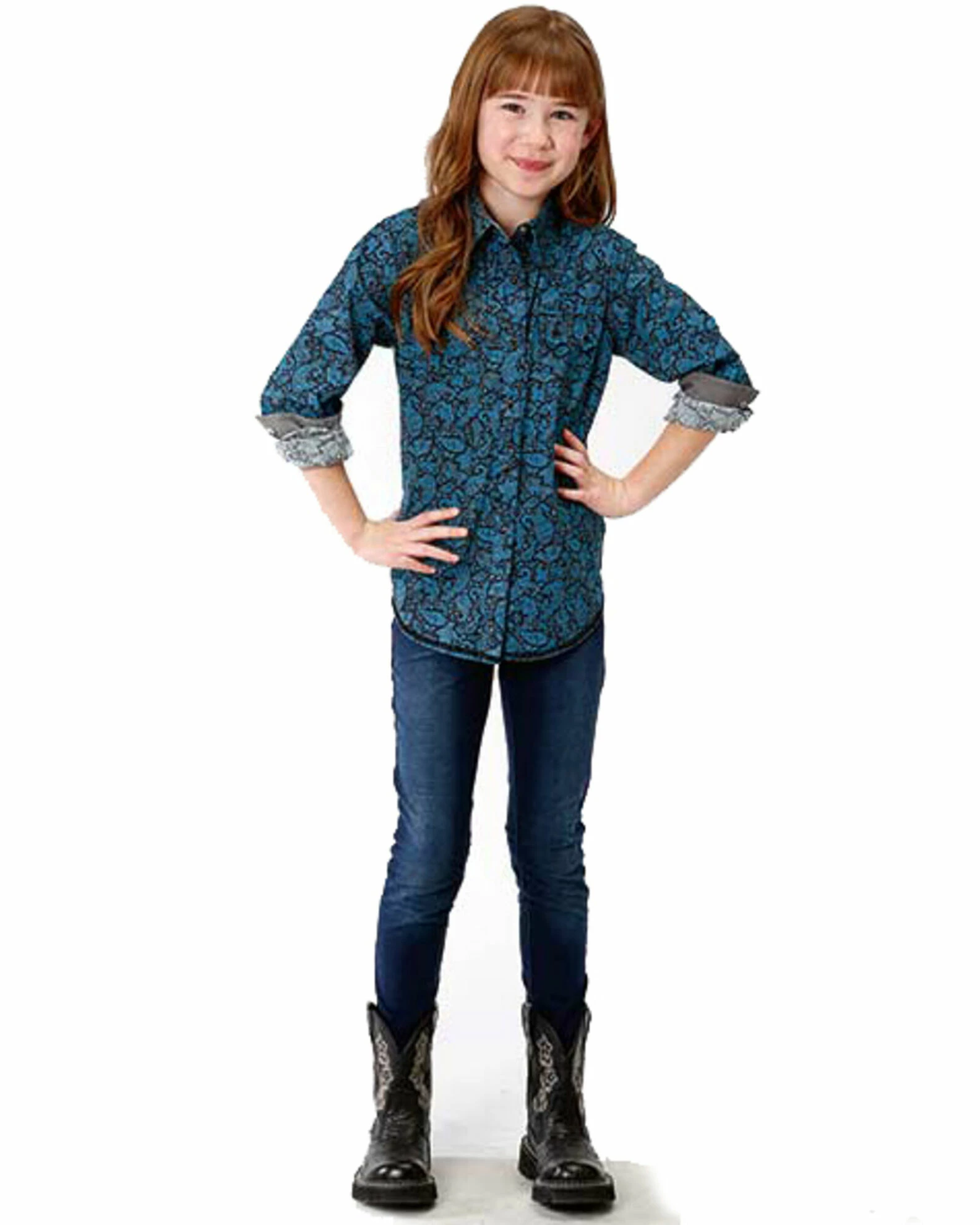 Roper Girls' Paisley Printed Snap Long Sleeve Shirt Blue 4 Roper Girls' Paisley Printed Snap Long Sleeve Shirt Blue - Image 2