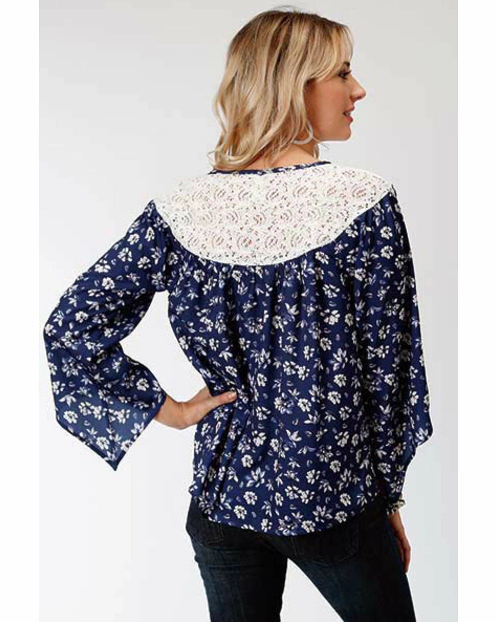 Roper Studio West Women's Steel Magnolias Print Lace Yoke Blouse Blue 4 Roper Studio West Women's Steel Magnolias Print Lace Yoke Blouse Blue - Image 2