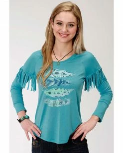 Roper Women's Solid Blue Feather Graphic Long Sleeve Top