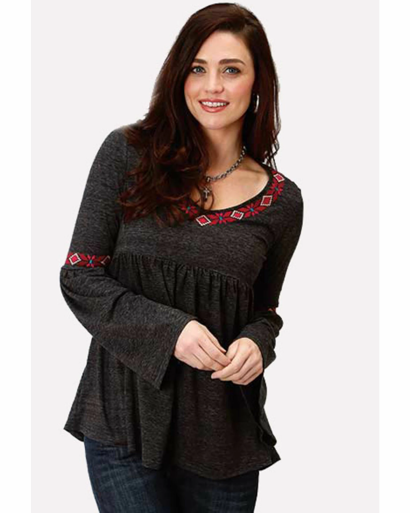 Roper Studio West Women's Bell Sleeve Embroidered Top Black 3 Roper Studio West Women's Bell Sleeve Embroidered Top Black