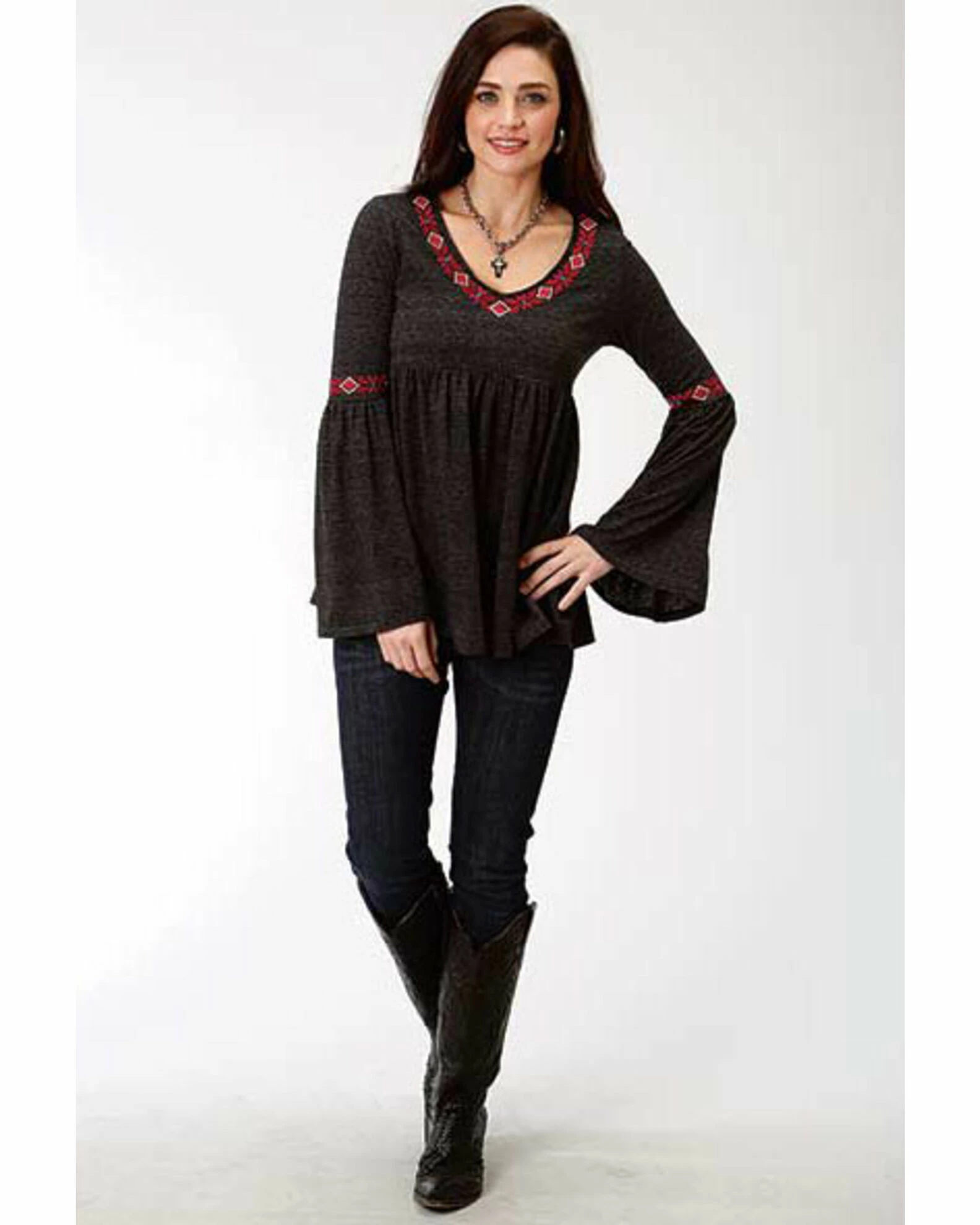 Roper Studio West Women's Bell Sleeve Embroidered Top Black 5 Roper Studio West Women's Bell Sleeve Embroidered Top Black - Image 3