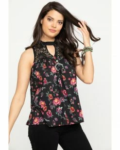 Roper Studio West Women's Floral Print Lace Knit Top Black -Roper Shop 2000288808 001 P1 1