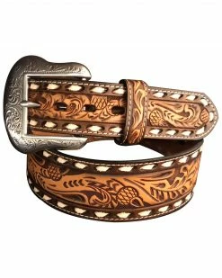 Roper Men's Tapered Floral Tooled Silver Buckle Belt Natural