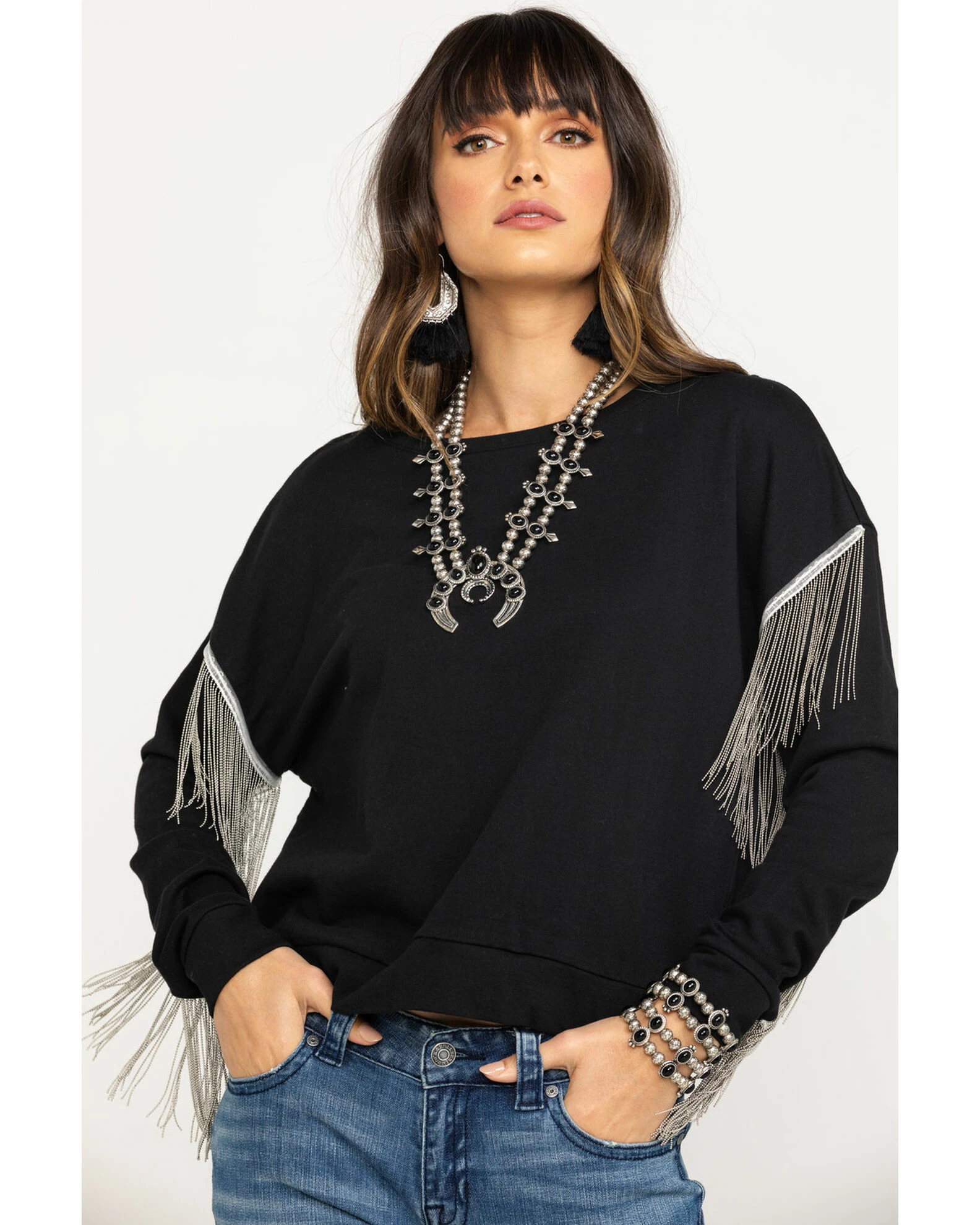 Roper Women's Chain Fringe Long Sleeve Top Black 3 Roper Women's Chain Fringe Long Sleeve Top Black