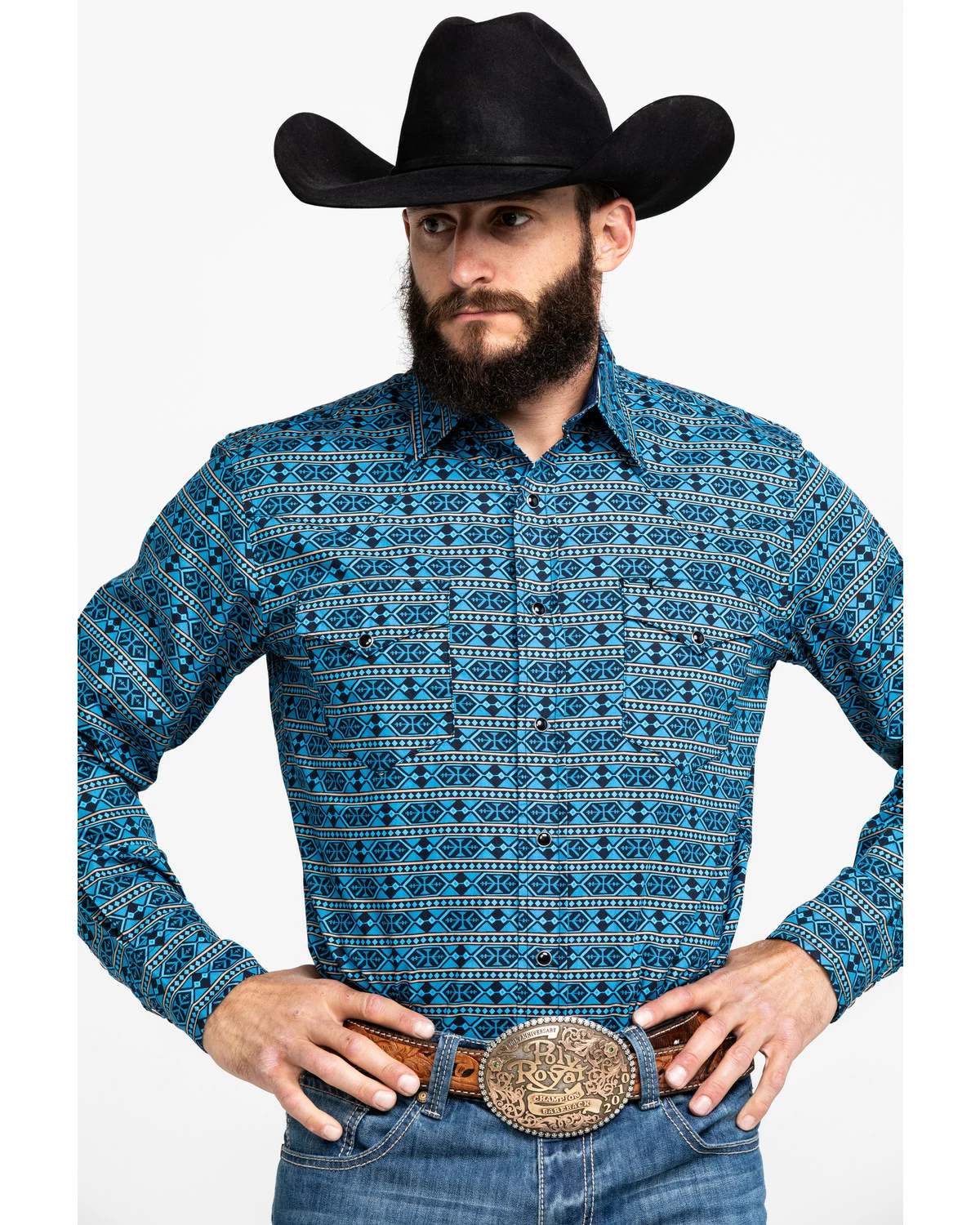Roper Men's West Made Hex Southwestern Print Long Sleeve Western Shirt Blue 9 Roper Men's West Made Hex Southwestern Print Long Sleeve Western Shirt Blue - Image 7