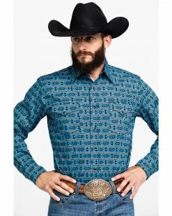 Roper Men's West Made Hex Southwestern Print Long Sleeve Western Shirt  Blue