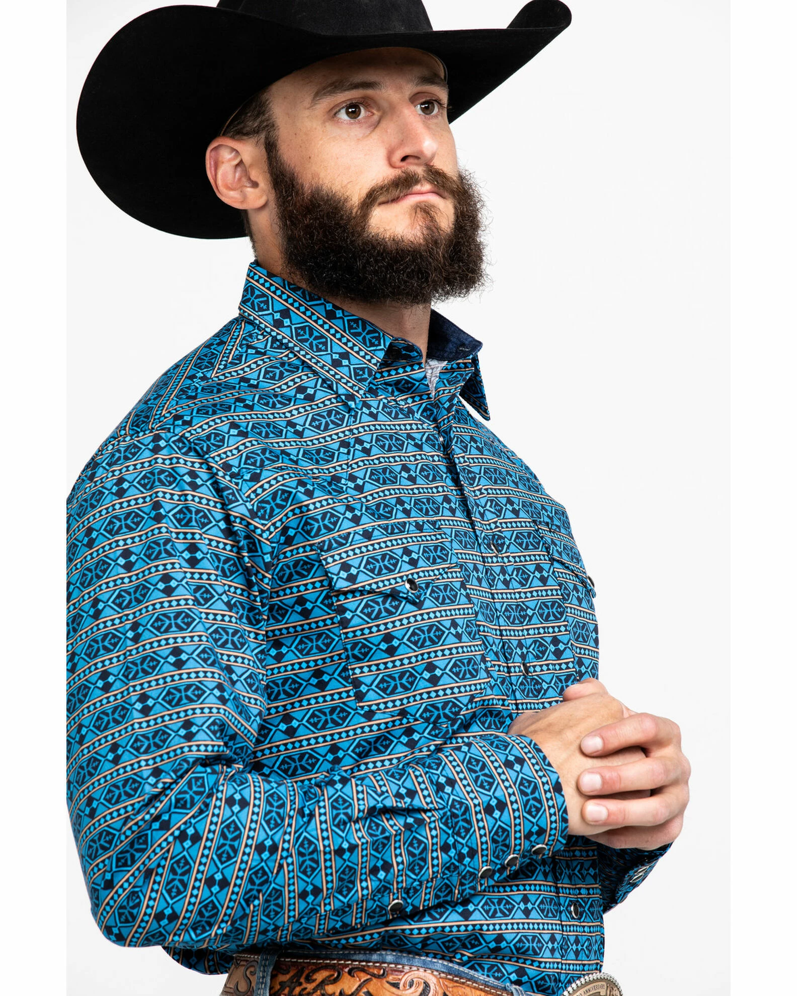 Roper Men's West Made Hex Southwestern Print Long Sleeve Western Shirt Blue 5 Roper Men's West Made Hex Southwestern Print Long Sleeve Western Shirt Blue - Image 3
