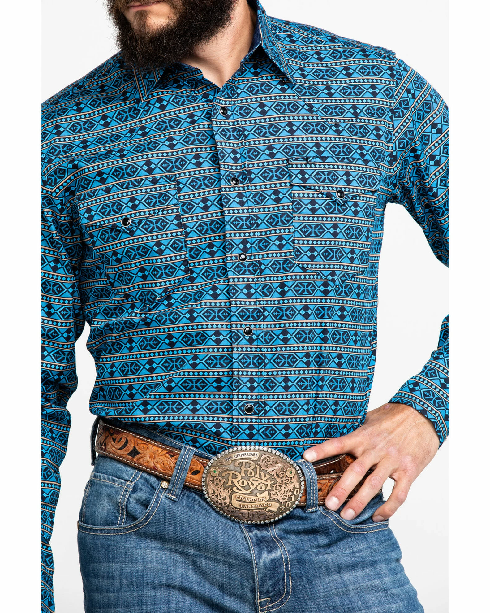 Roper Men's West Made Hex Southwestern Print Long Sleeve Western Shirt Blue 6 Roper Men's West Made Hex Southwestern Print Long Sleeve Western Shirt Blue - Image 4