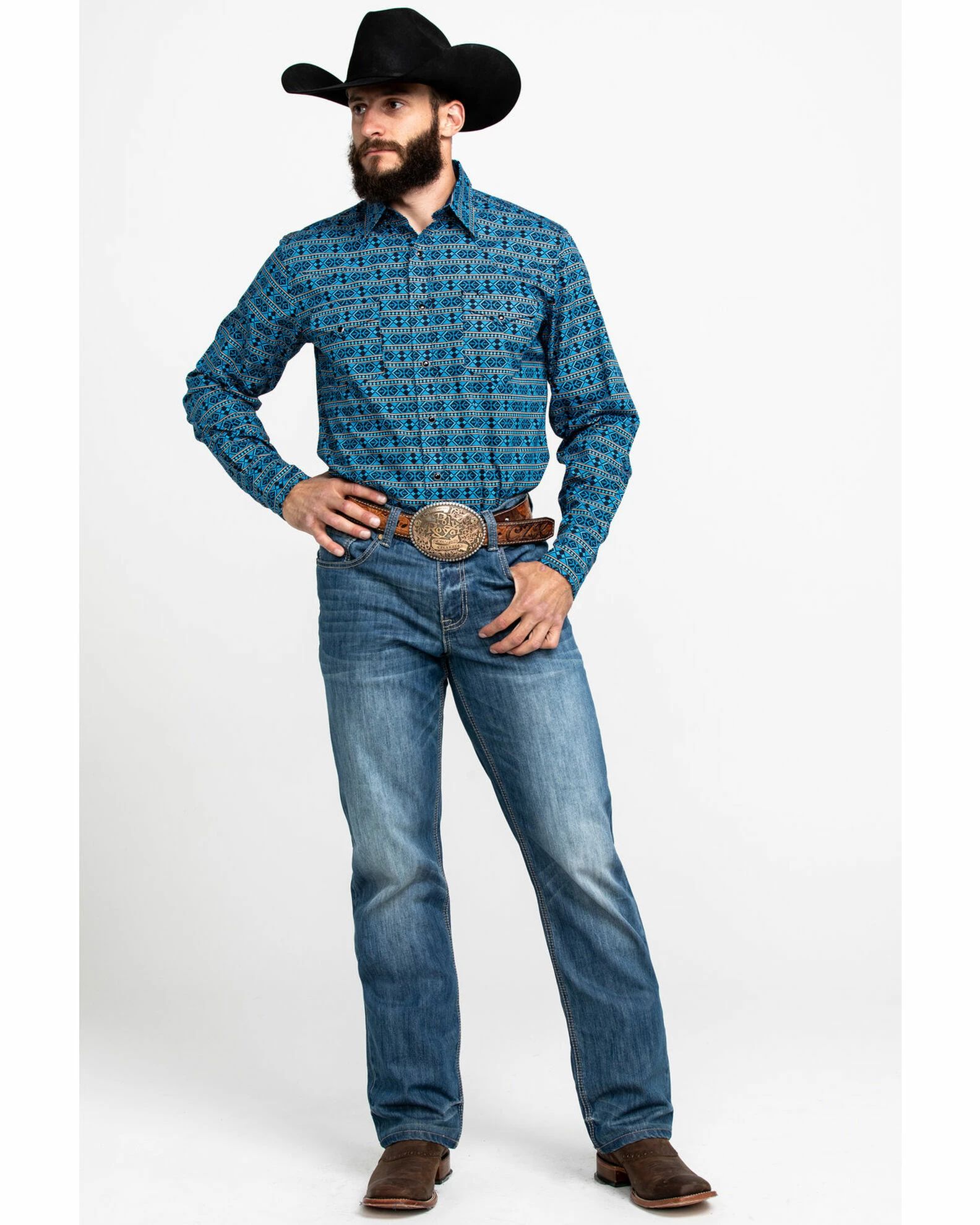 Roper Men's West Made Hex Southwestern Print Long Sleeve Western Shirt Blue 8 Roper Men's West Made Hex Southwestern Print Long Sleeve Western Shirt Blue - Image 6