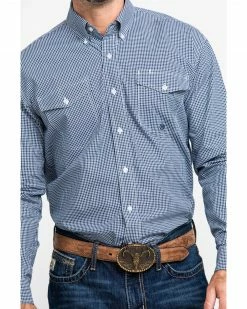 Roper Men's Amarillo Meadow Mini Check Plaid Long Sleeve Western Shirt  Blue -Roper Shop 2000290745 400 P4