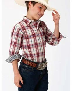 Roper Amarillo Boys' Vintage Red Plaid Button Long Sleeve Western Shirt