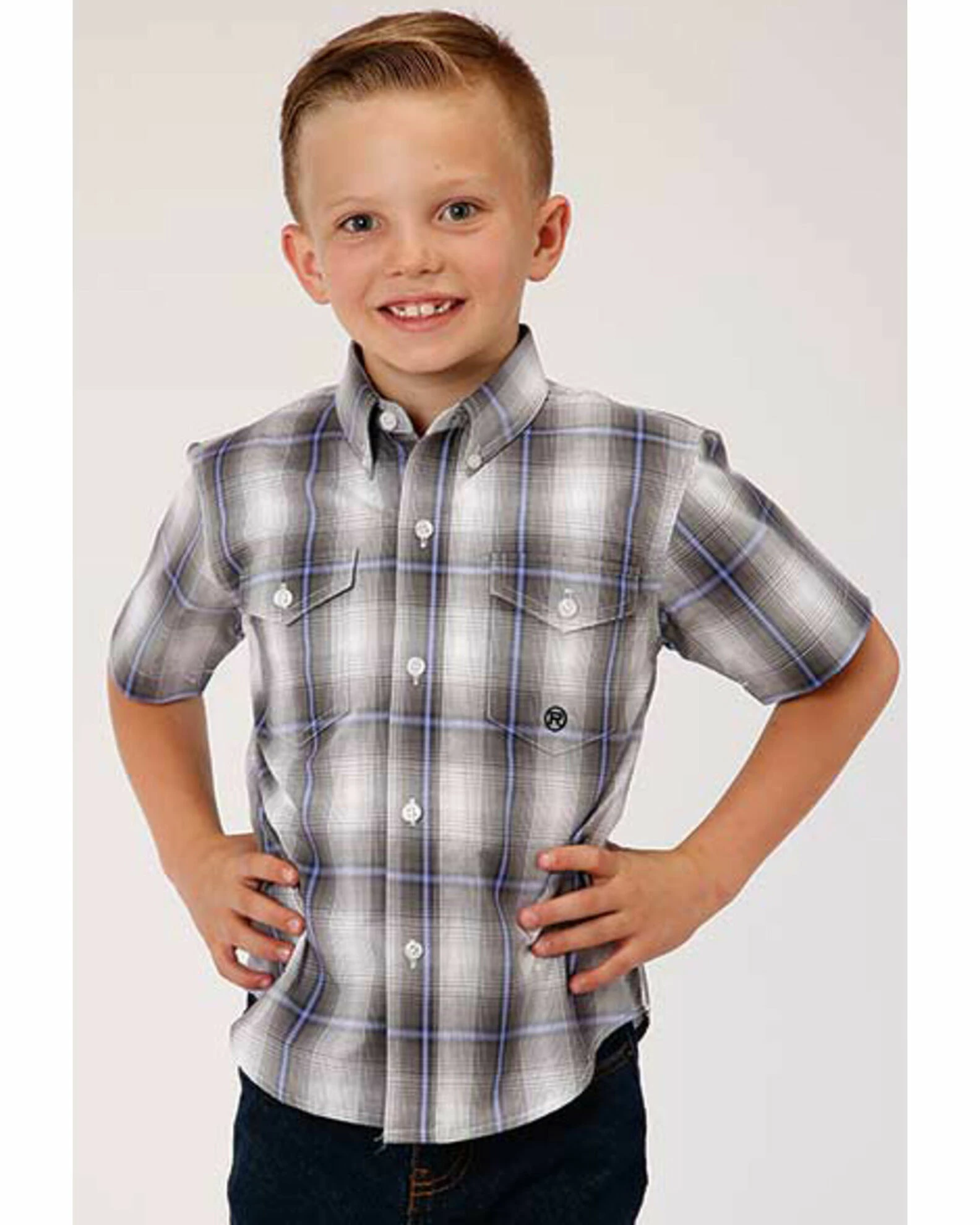 Roper Amarillo Boys' Grey Shadow Plaid Short Sleeve Western Shirt 3 Roper Amarillo Boys' Grey Shadow Plaid Short Sleeve Western Shirt