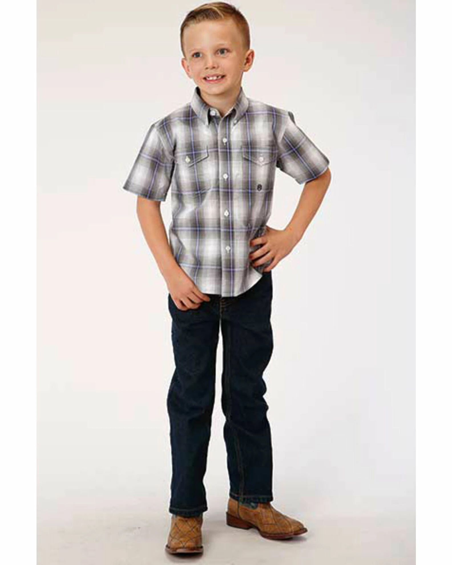 Roper Amarillo Boys' Grey Shadow Plaid Short Sleeve Western Shirt 5 Roper Amarillo Boys' Grey Shadow Plaid Short Sleeve Western Shirt - Image 3