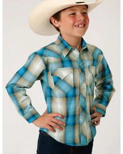 Roper West Made Boys' Tide Pool Dobby Plaid Long Sleeve Western Shirt  Blue -Roper Shop 2000295452 400 P1 1