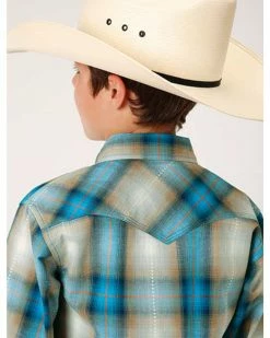 Roper West Made Boys' Tide Pool Dobby Plaid Long Sleeve Western Shirt  Blue -Roper Shop 2000295452 400 P2