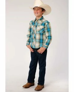 Roper West Made Boys' Tide Pool Dobby Plaid Long Sleeve Western Shirt  Blue -Roper Shop 2000295452 400 P3