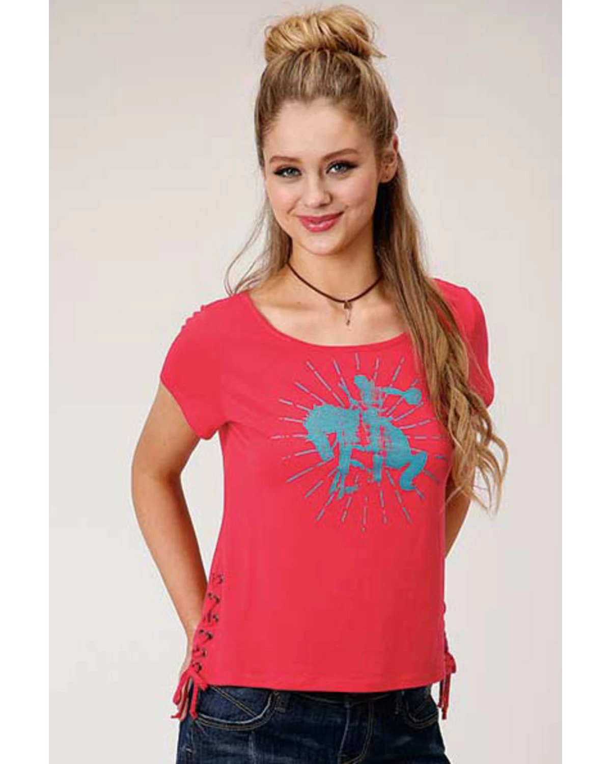 Roper Women's Red Bronco Graphic Lace-Up Tee 6 Roper Women's Red Bronco Graphic Lace-Up Tee - Image 4