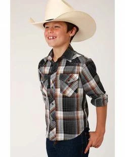 Roper Boys' Classic Black Windowpaine Plaid Long Sleeve Western Shirt