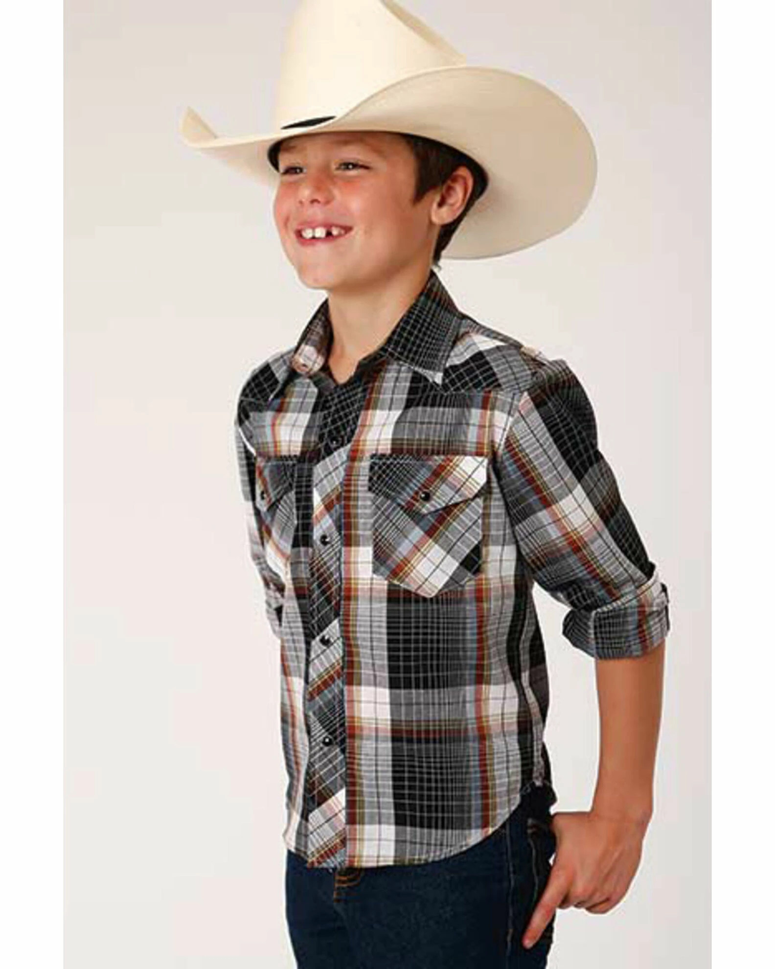 Roper Boys' Classic Black Windowpaine Plaid Long Sleeve Western Shirt 3 Roper Boys' Classic Black Windowpaine Plaid Long Sleeve Western Shirt