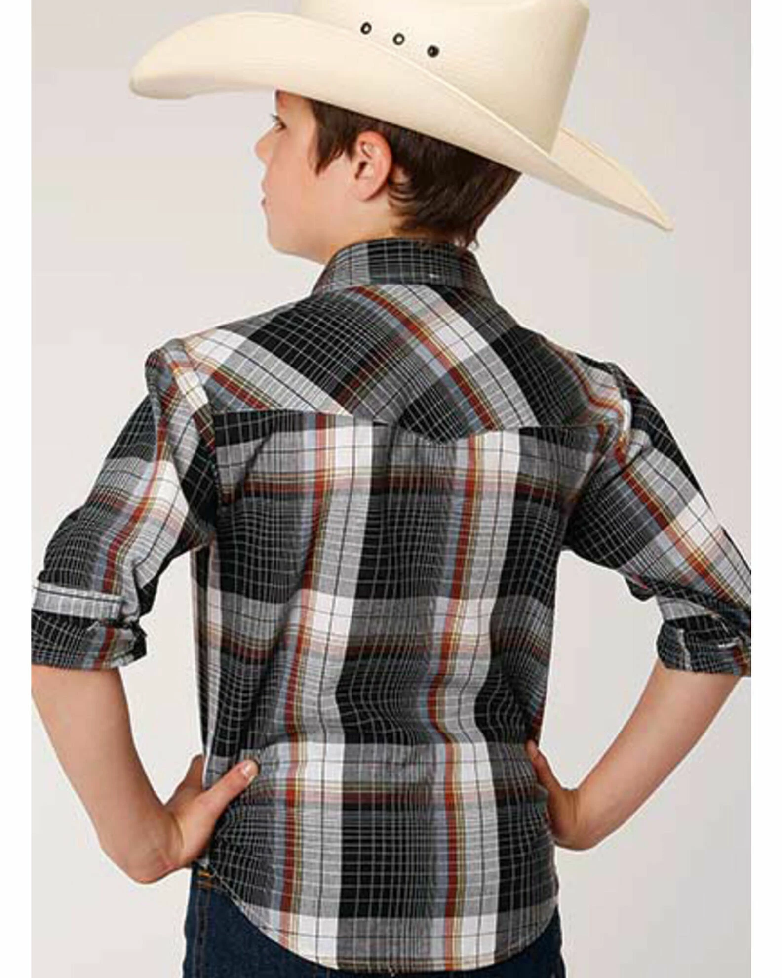 Roper Boys' Classic Black Windowpaine Plaid Long Sleeve Western Shirt 4 Roper Boys' Classic Black Windowpaine Plaid Long Sleeve Western Shirt - Image 2