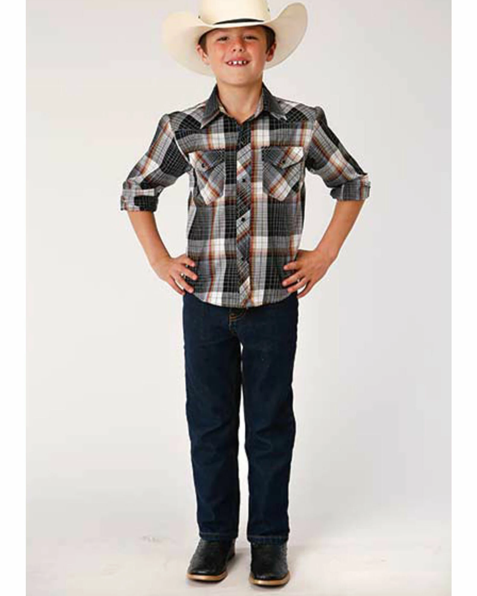 Roper Boys' Classic Black Windowpaine Plaid Long Sleeve Western Shirt 5 Roper Boys' Classic Black Windowpaine Plaid Long Sleeve Western Shirt - Image 3