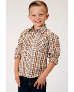 Roper Boys' Classic Brown Plaid Long Sleeve Western Shirt