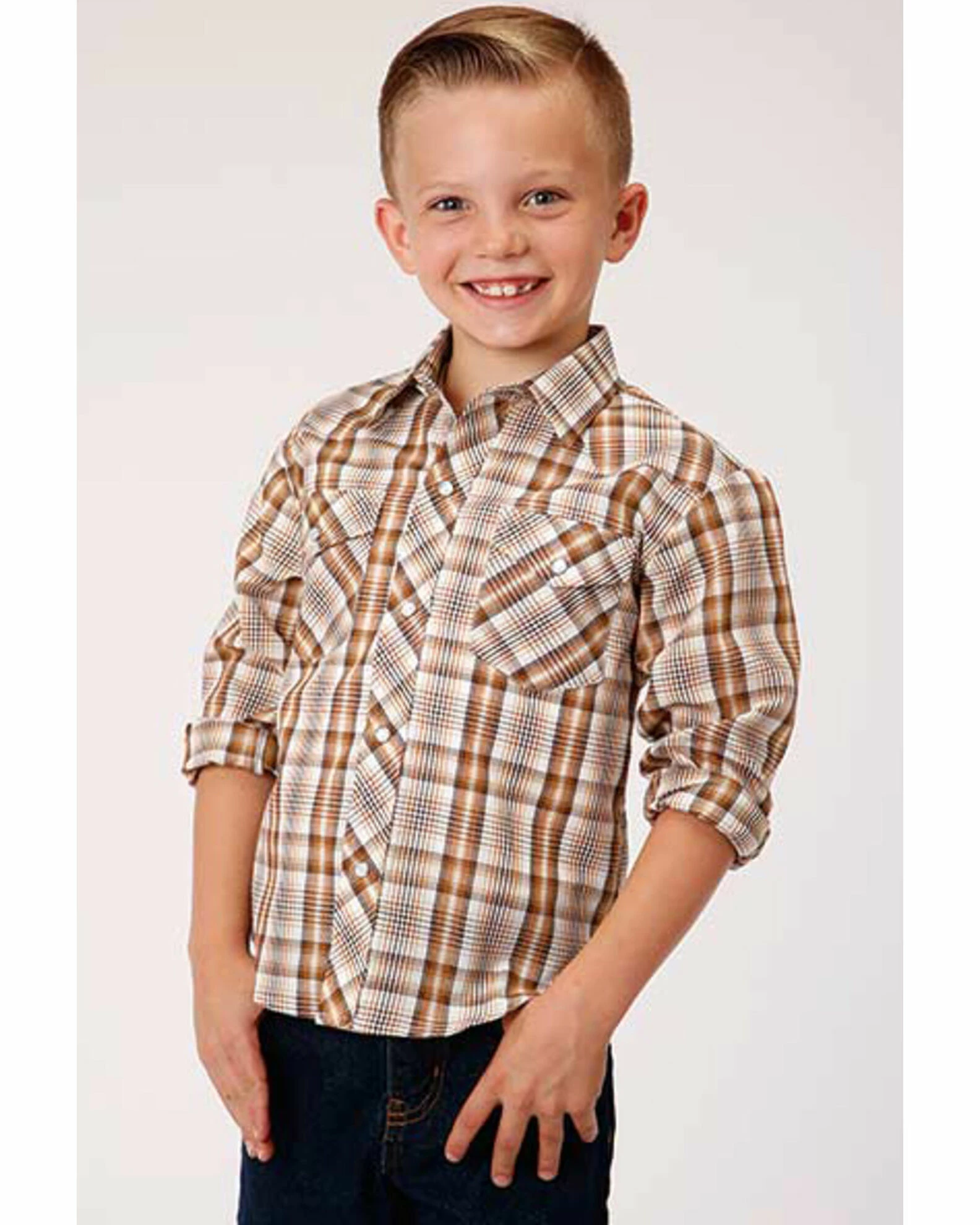 Roper Boys' Classic Brown Plaid Long Sleeve Western Shirt 3 Roper Boys' Classic Brown Plaid Long Sleeve Western Shirt