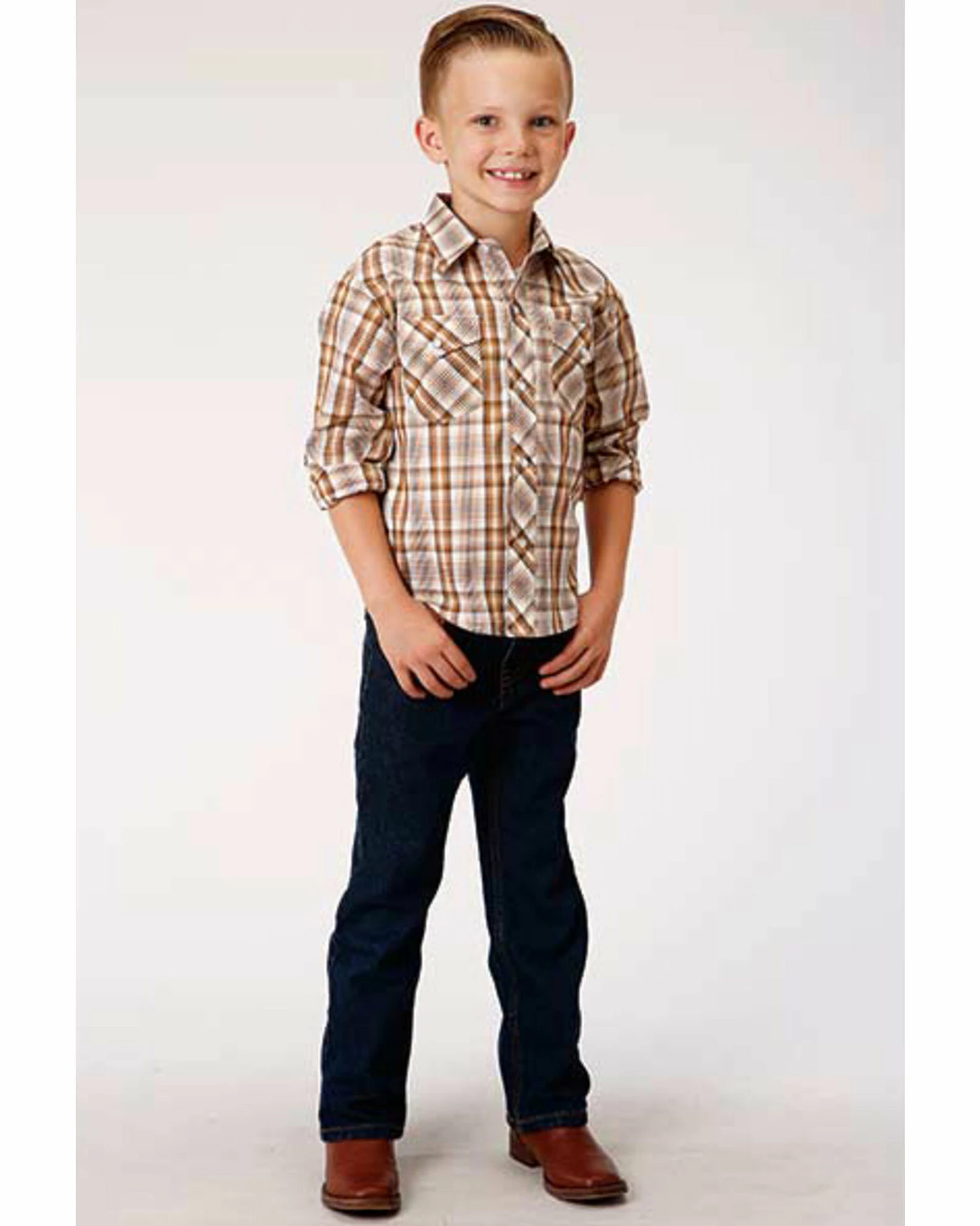 Roper Boys' Classic Brown Plaid Long Sleeve Western Shirt 5 Roper Boys' Classic Brown Plaid Long Sleeve Western Shirt - Image 3