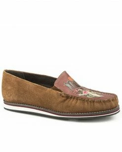 Roper Women's Cognac Suede Cow Skull Shoes - Moc Toe Tan