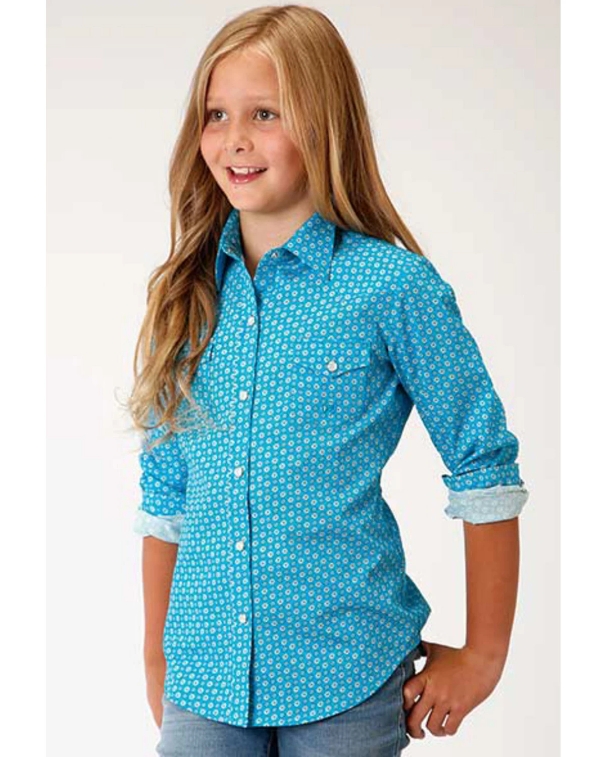 Roper Amarillo Girls' Geo Core Long Sleeve Western Shirt Turquoise 6 Roper Amarillo Girls' Geo Core Long Sleeve Western Shirt Turquoise - Image 4