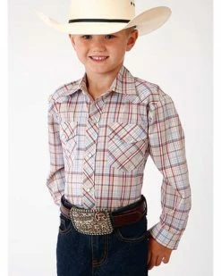 Roper Boys' Classic Tan Plaid Long Sleeve Western Shirt