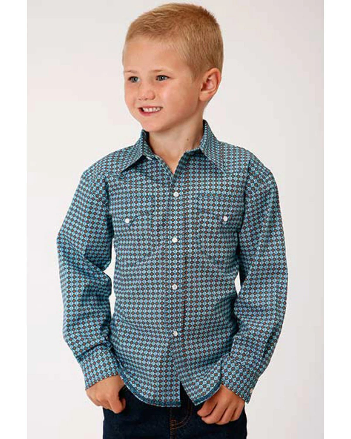 Roper West Made Boys' Central Geo Print Long Sleeve Western Shirt Turquoise 6 Roper West Made Boys' Central Geo Print Long Sleeve Western Shirt Turquoise - Image 4