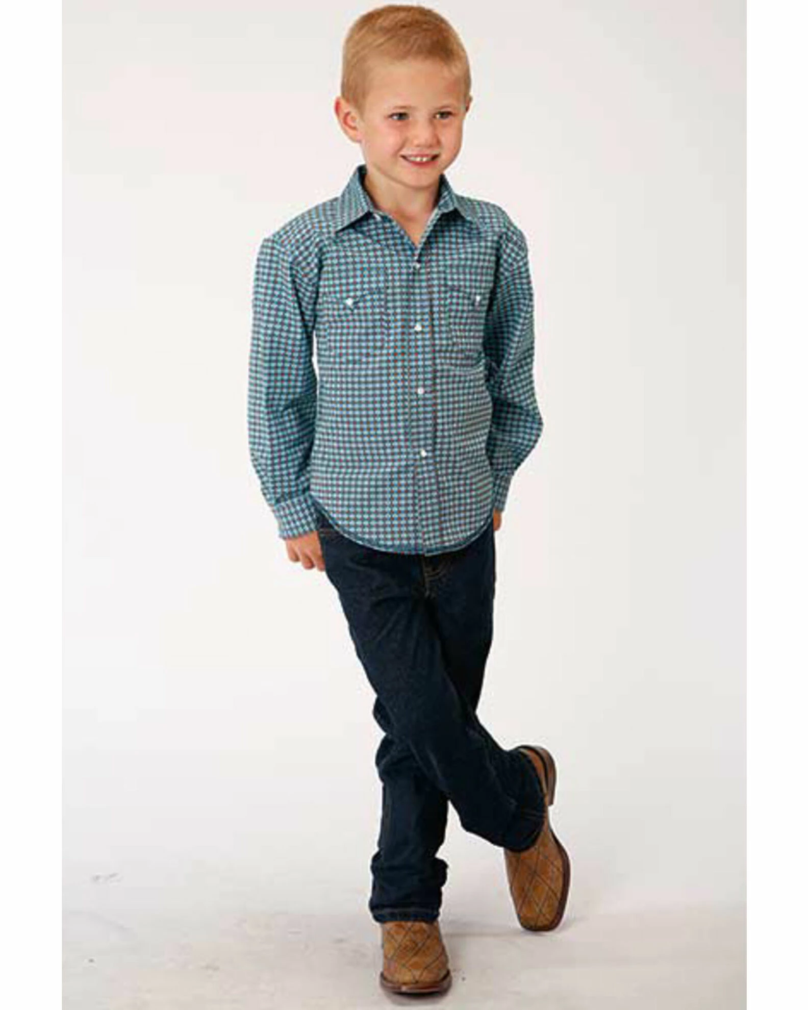 Roper West Made Boys' Central Geo Print Long Sleeve Western Shirt Turquoise 5 Roper West Made Boys' Central Geo Print Long Sleeve Western Shirt Turquoise - Image 3
