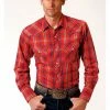 Roper Men's Red Plaid Southwestern Embroidered Long Sleeve Western Shirt 