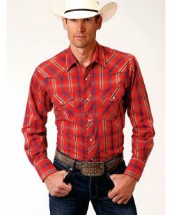 Roper Men's Red Plaid Southwestern Embroidered Long Sleeve Western Shirt 
