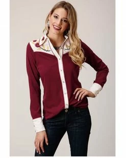 Roper Studio West Women's Red Vintage Floral Embroidered Long Sleeve Western Shirt 
