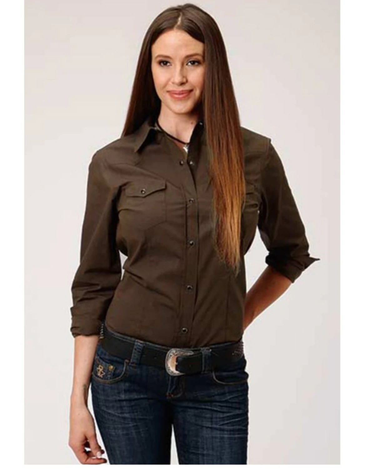 Roper Amarillo Women's Brown Solid Long Sleeve Western Shirt 4 Roper Amarillo Women's Brown Solid Long Sleeve Western Shirt - Image 2