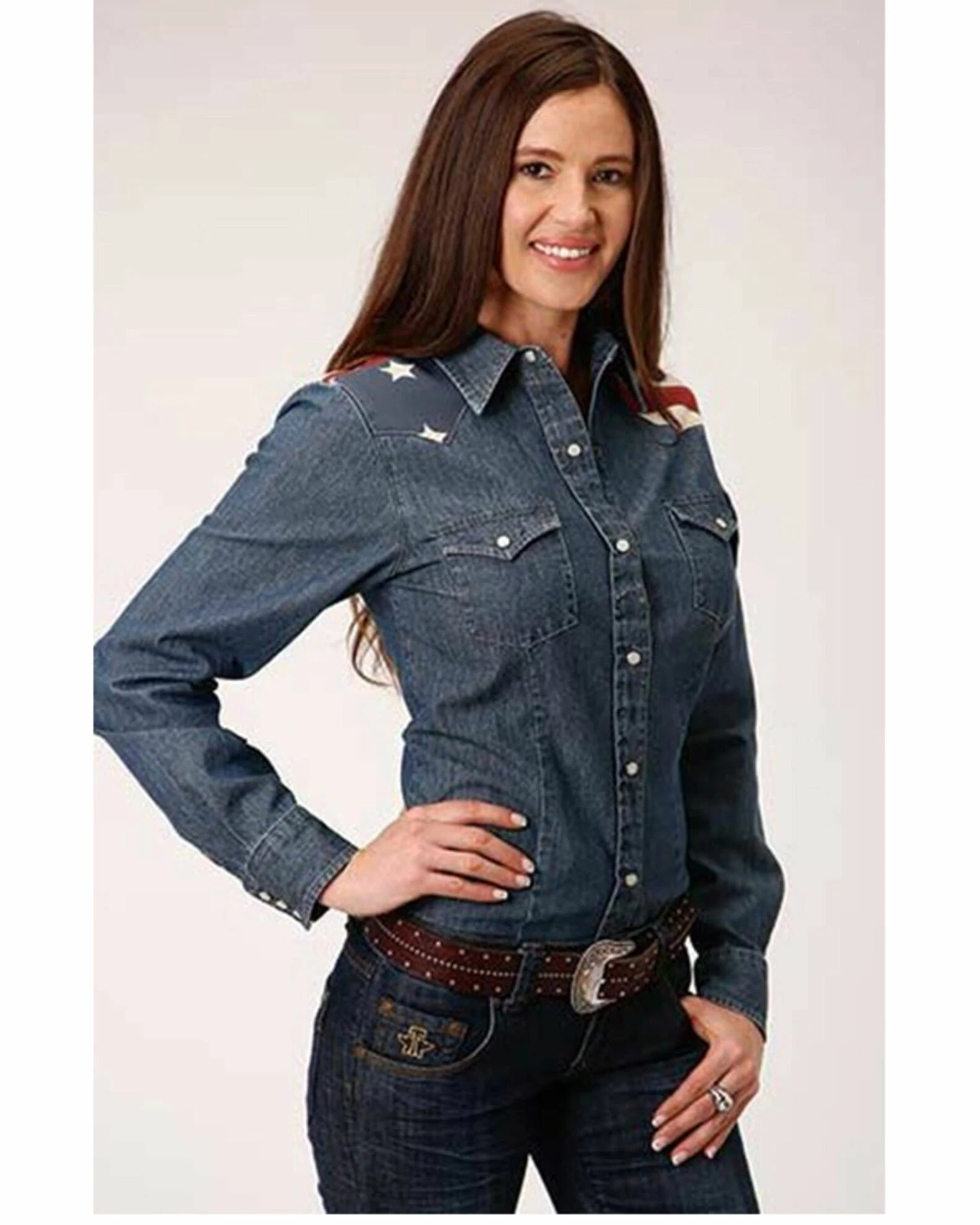 Roper Old West Women's Denim American Flag Yoke Long Sleeve Western Shirt Blue 3 Roper Old West Women's Denim American Flag Yoke Long Sleeve Western Shirt Blue
