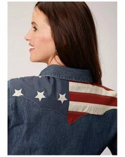 Roper Old West Women's Denim American Flag Yoke Long Sleeve Western Shirt Blue 6 Roper Old West Women's Denim American Flag Yoke Long Sleeve Western Shirt Blue -Roper Shop 2000326049 400 P2