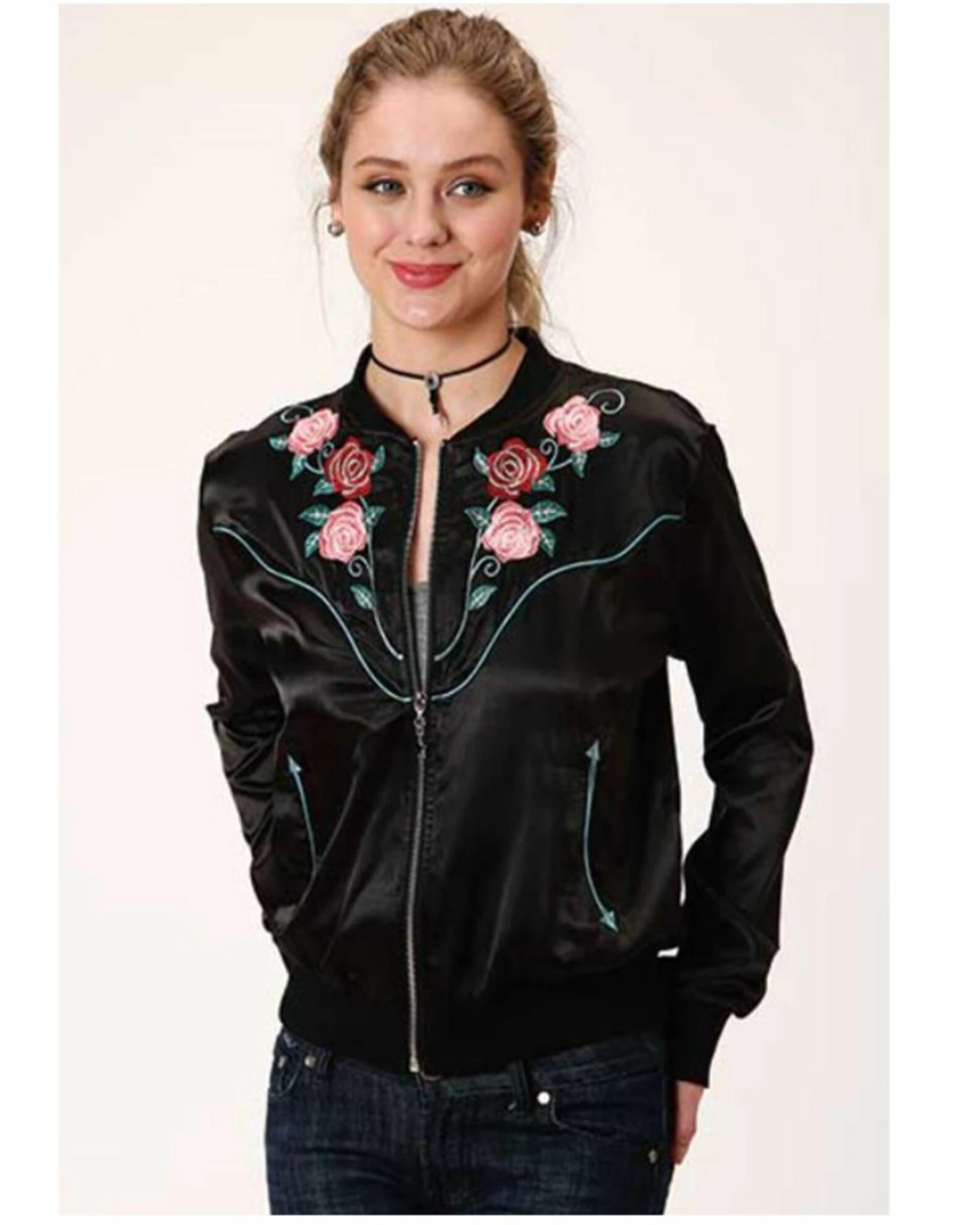 Roper Women's Black Satin Floral Embroidered Bomber Jacket 3 Roper Women's Black Satin Floral Embroidered Bomber Jacket