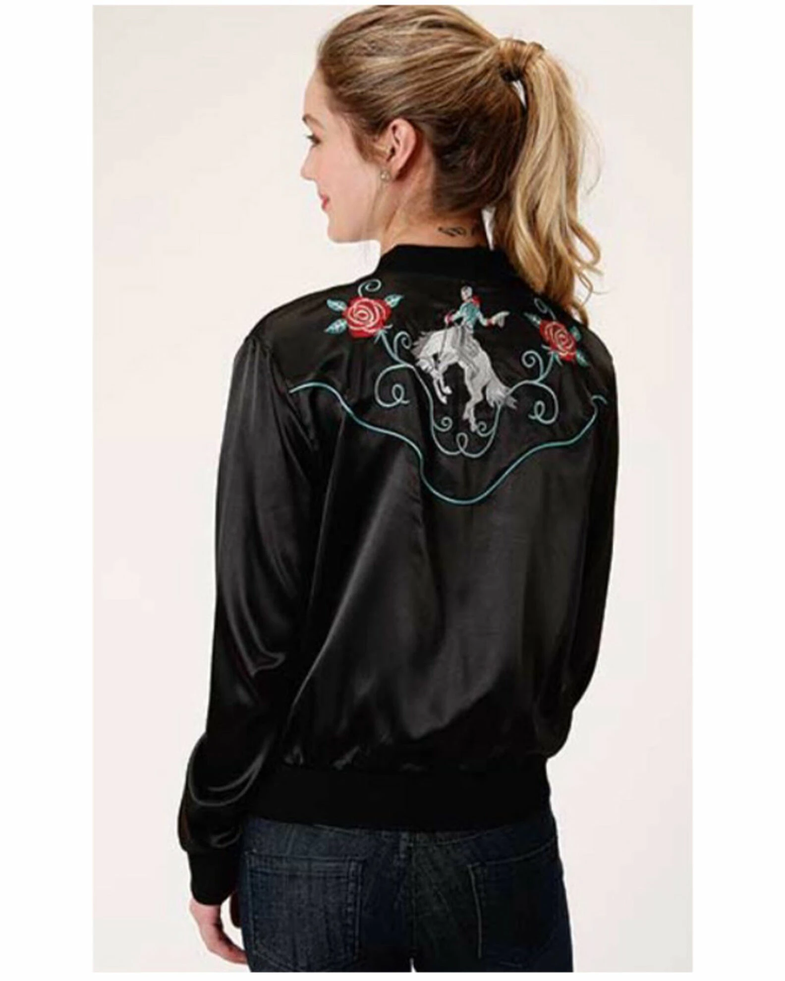 Roper Women's Black Satin Floral Embroidered Bomber Jacket 4 Roper Women's Black Satin Floral Embroidered Bomber Jacket - Image 2