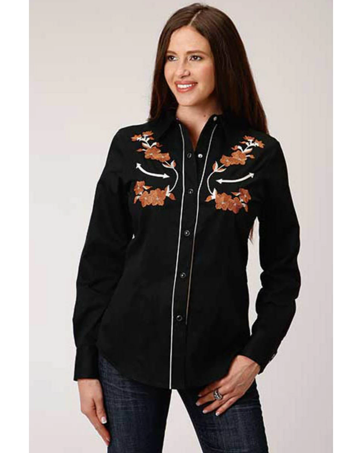 Roper Old West Women's Black Brown Floral Embroidered Long Sleeve Western Shirt 6 Roper Old West Women's Black Brown Floral Embroidered Long Sleeve Western Shirt - Image 4