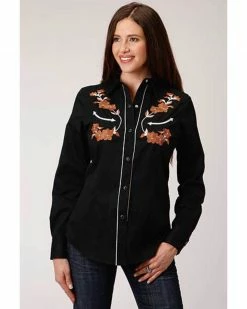 Roper Old West Women's Black Brown Floral Embroidered Long Sleeve Western Shirt