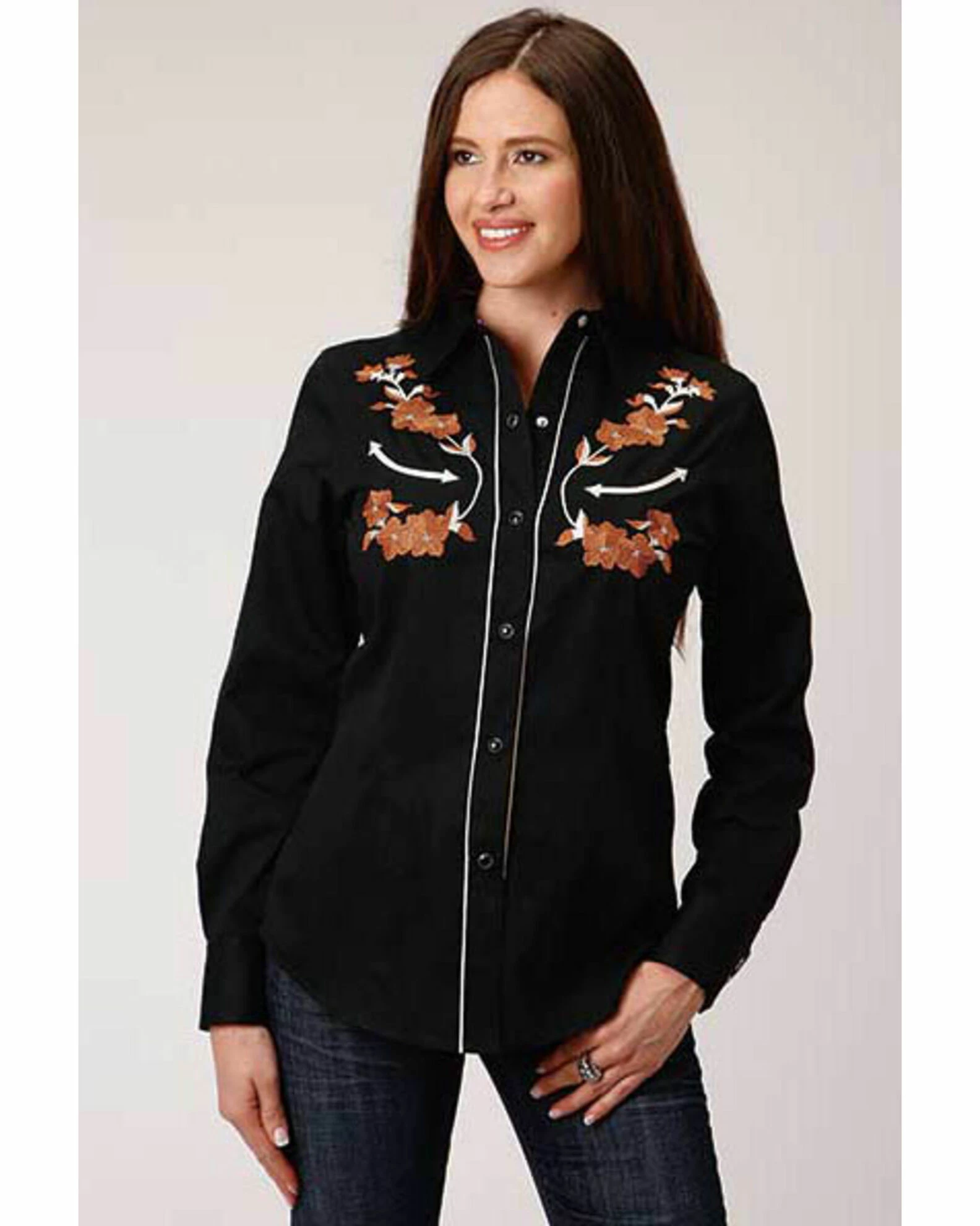 Roper Old West Women's Black Brown Floral Embroidered Long Sleeve Western Shirt 3 Roper Old West Women's Black Brown Floral Embroidered Long Sleeve Western Shirt