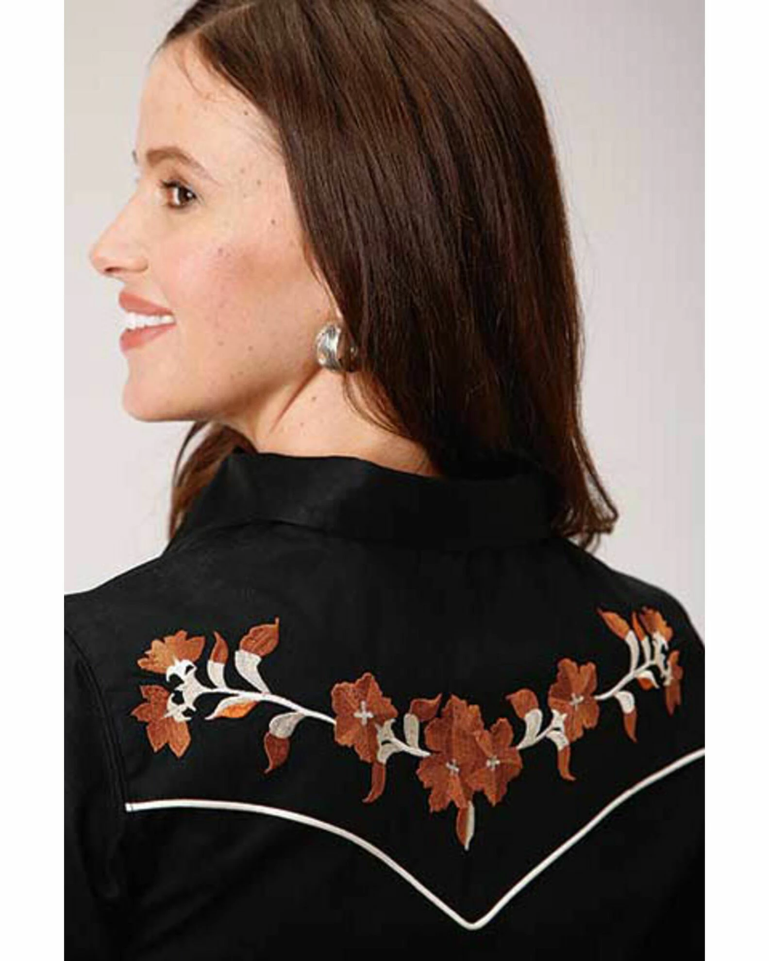 Roper Old West Women's Black Brown Floral Embroidered Long Sleeve Western Shirt 4 Roper Old West Women's Black Brown Floral Embroidered Long Sleeve Western Shirt - Image 2